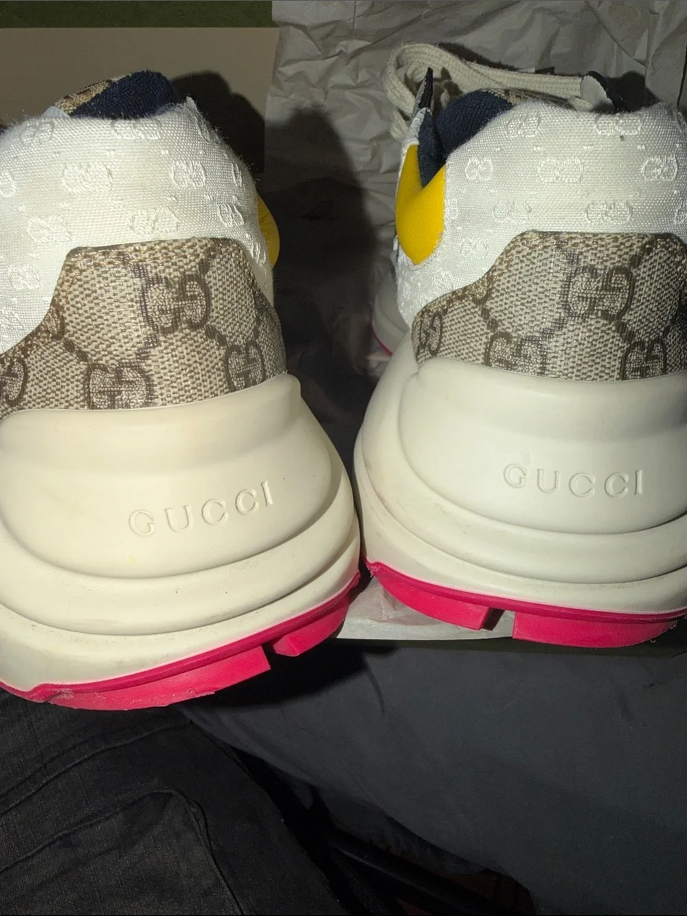 Gucci mens GG Monogram Sneakers with Navy and Yellow Accents